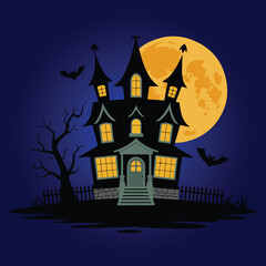 Haunted House with Full Moon and Flying Bats – Spooky Halloween Night Illustration