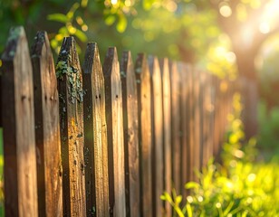 Sunlit weathered wooden fence, garden backdrop