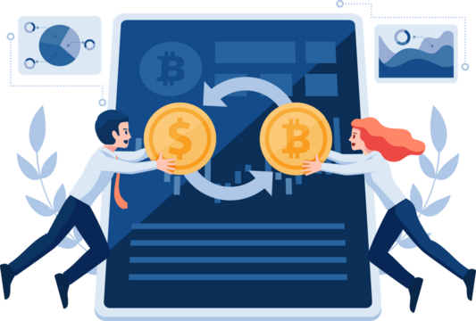 Businessman and Woman Exchange Dollar Coin for Bitcoin on Transparent Background