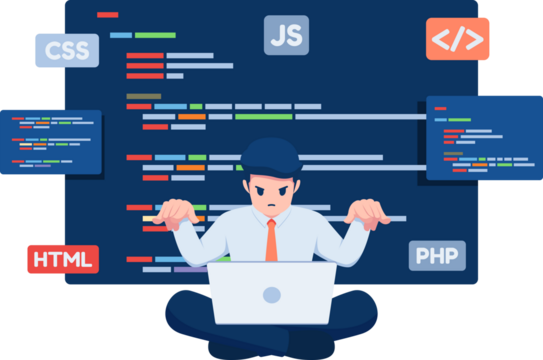 Businessman Coding on Laptop with Floating Code Windows on Dark Blue Background Isolated Conceptual Programmer Using Device to Write Program Digital Illustration