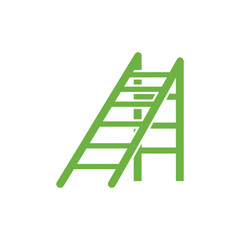 Green ladder stands against a white wall, symbolizing progress and upward mobility in a simple, minimalist style.