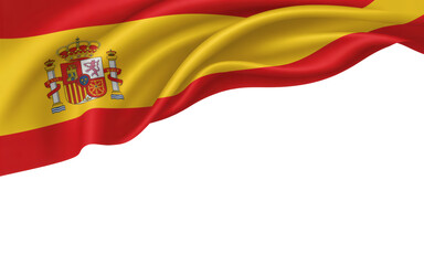 Obraz premium Realistic Spanish Flag Waving Gently with National Emblem and Copy Space Below on Transparent Background