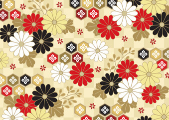 赤・黒・金の菊と亀甲模様の和柄