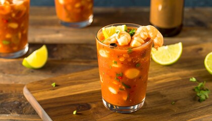 Spicy seafood cocktail in glass, garnished with lime
