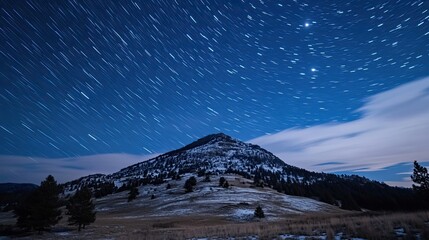 Full moon and star trails over snow-covered mountain at night. Long exposure captures motion of stars around clear night sky. Generative by AI