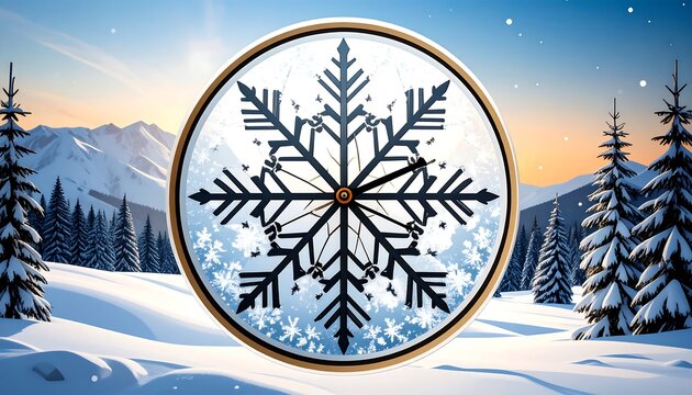 Snowflake clock against winter landscape - Powered by Adobe