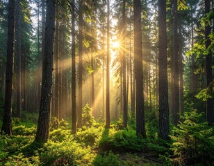 Fototapeta premium 朝日が差し込む静かな森
