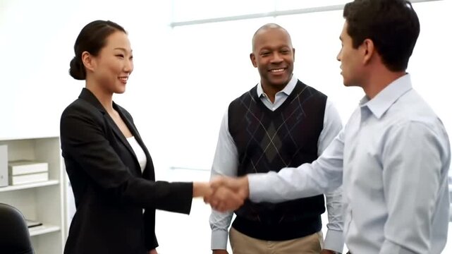 Professional handshake between diverse colleagues in a bright office setting, promoting collaboration