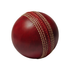 A perfectly spherical crimson cricket ball with prominent white and red stitching, ready for pitch action