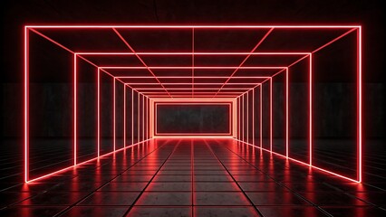 Endless neon tunnel futuristic red light corridor with reflective floor and dark ambiance