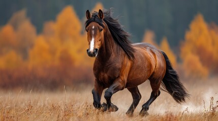 Obraz premium Majestic Brown Horse Galloping Through Autumn Field with Colorful Foliage