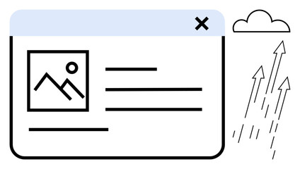 Web page layout featuring image, text elements, and growth arrows shooting into a cloud. Ideal for technology, analytics, cloud computing, web design, progress innovation simplicity. A simple flat
