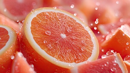 Macro Shot of Sliced Orange Grapefruit with Water Droplets Cinematic HDR Food Still Life Close Up Vibrant Colors Refreshing Summer Fruits