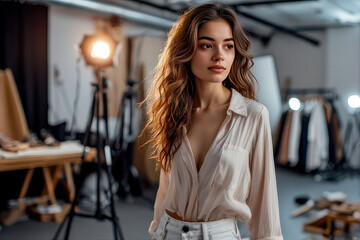 Fashion model during photo shoot of new women’s dresses in studio.
