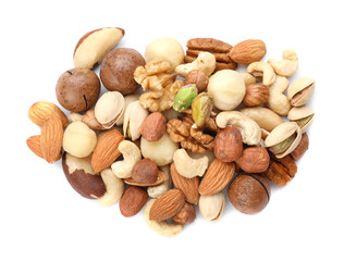 Mix of different nuts isolated on white, top view