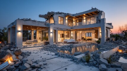 Modern House with Ruined Exterior in Twilight, Artful Photography of Destruction