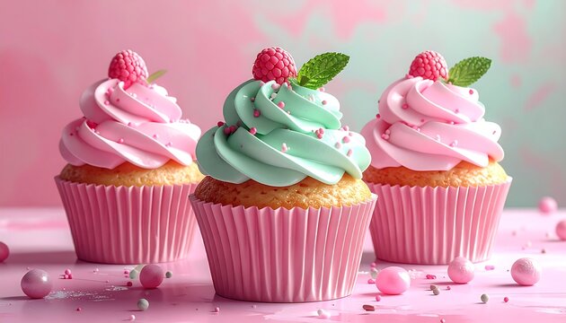 Three pastel-colored cupcakes with raspberries and mint - Powered by Adobe