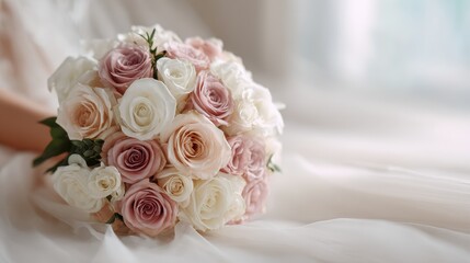 Delicate Bridal Bouquet of Dusty Pink and Cream Roses on a Soft White Veil.