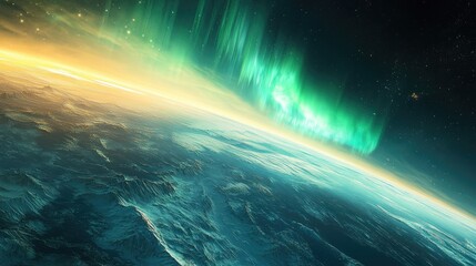 Bright aurora borealis arcs above Earth's surface, seen from low orbit with visible snow-covered terrain and faint stars in space beyond the horizon. Generative by AI
