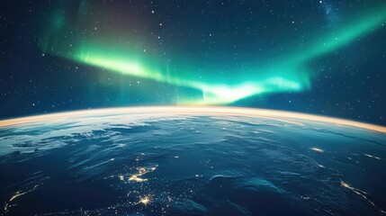 Bright aurora borealis arcs above Earth's surface, seen from low orbit with visible snow-covered terrain and faint stars in space beyond the horizon. Generative by AI