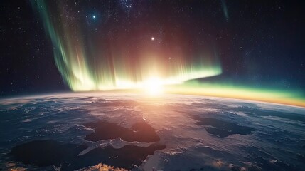 Bright aurora borealis arcs above Earth's surface, seen from low orbit with visible snow-covered terrain and faint stars in space beyond the horizon. Generative by AI