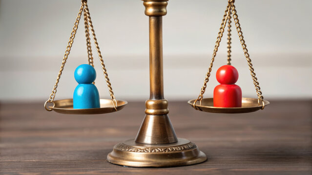 Balance scale equality diversity inclusion concept justice fairness wooden figure blue figure red figure brass scale legal symbol decision making