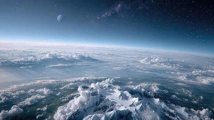 Fototapeta premium Scenic Earth View from Space with Blue Planet Light Atmospheric Perspective and Cloudscape Mountain Peaks and Celestial Starry Background
