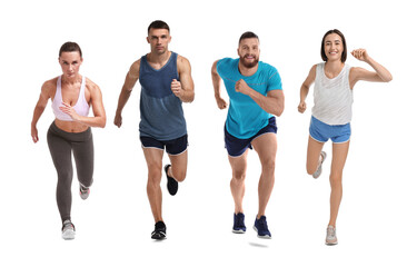 Obraz premium Sporty men and women running on white background