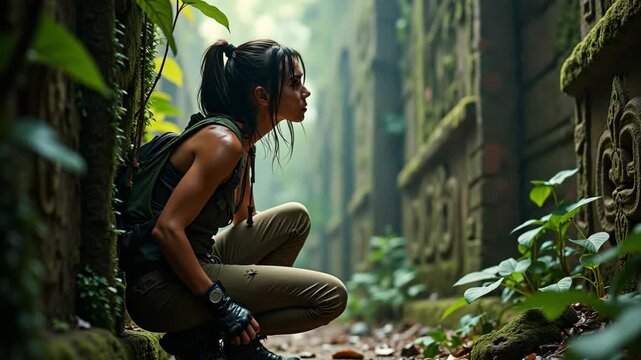 Female Explorer Observing Ancient Stone Corrido