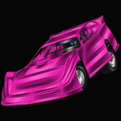 Pink and painted racing car. Isolated in black background, for t-shirt design, print. and for business purposes.