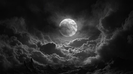 Full moon surrounded by thick dark clouds at night, opening in clouds reveals illuminated lunar surface with visible texture and contrast, creating a moody atmospheric scene. Generative by AI
