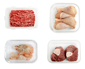 Different frozen food products isolated on white, set. Top view