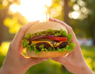 A burger held aloft in hands against a blurred sunset backdrop