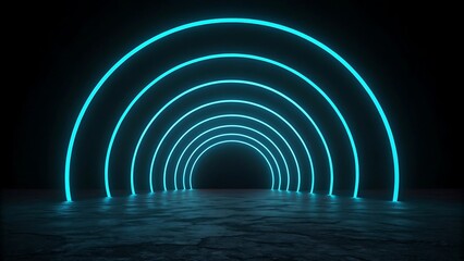 Glowing neon arches tunnel through futuristic dark space with blue and green lights