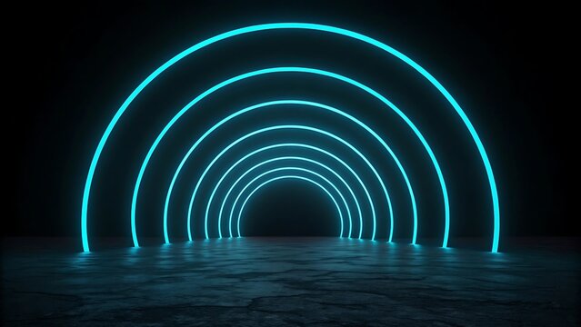 Glowing neon arches tunnel through futuristic dark space with blue and green lights