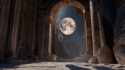 Full moon rises above ancient stone ruins with tall weathered columns casting long shadows on cracked stone pavement under dark, cloudy night sky. Generative by AI
