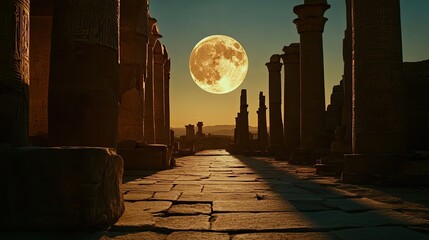 Full moon rises above ancient stone ruins with tall weathered columns casting long shadows on cracked stone pavement under dark, cloudy night sky. Generative by AI