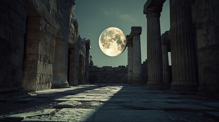 Full moon rises above ancient stone ruins with tall weathered columns casting long shadows on cracked stone pavement under dark, cloudy night sky. Generative by AI