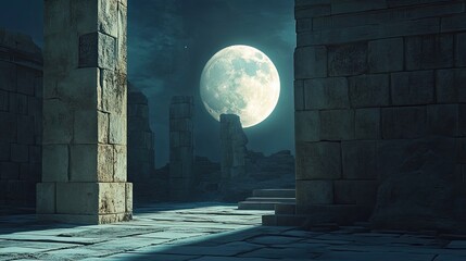 Full moon rises above ancient stone ruins with tall weathered columns casting long shadows on cracked stone pavement under dark, cloudy night sky. Generative by AI