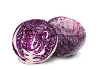 Fototapeta premium Fresh ripe red cabbage isolated on white. Whole and sliced