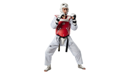 A taekwondo athlete in a white uniform and protective gear stands in a fighting stance, isolated on transparent background