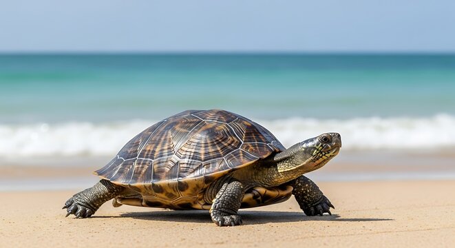 A solitary turtle slowly walks across a sandy beach towards the gentle turquoise ocean waves on a sunny day