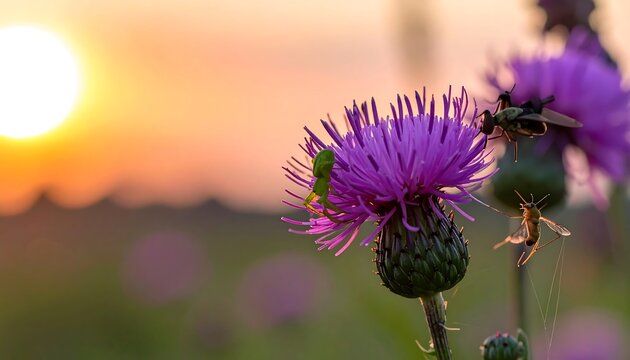 Sunset thistle flower with insects