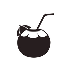 Coconut drink sits with straw and umbrella on white surface, evoking tropical vacation vibes and refreshment.