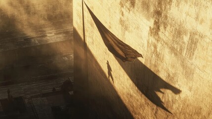 Flag waves in the wind at sunset on a wide open square with low skyline, glowing sunlight reflecting across empty tiled surface. Generative by AI