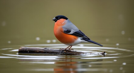 Close up of a vibrant male eurasian bullfinch with bright orange breast perched on a wet log in shallow water