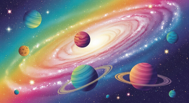 Vibrant rainbow spiral galaxy with colorful planets and stars in deep space