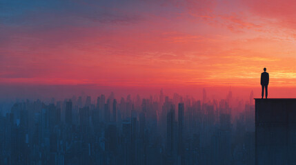 A Man Contemplates His Place in the Urban Landscape as the Sun Sets, Symbolizing Ambition,...