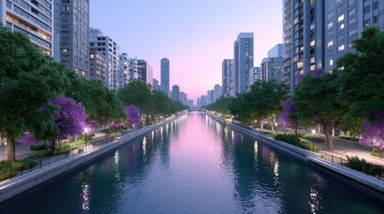 Scenic Cityscape with Calm River Reflecting Buildings Under Pastel Sky at Dusk Featuring Lush Green Trees and Urban Architecture