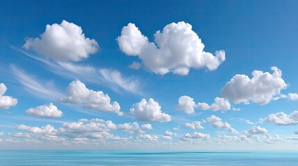 Scenic Clear Blue Daylight Sky with Fluffy White Clouds and a Calm Blue Ocean Wide Angle Nature Landscape Sunny Day Beauty in Nature Peaceful Scene